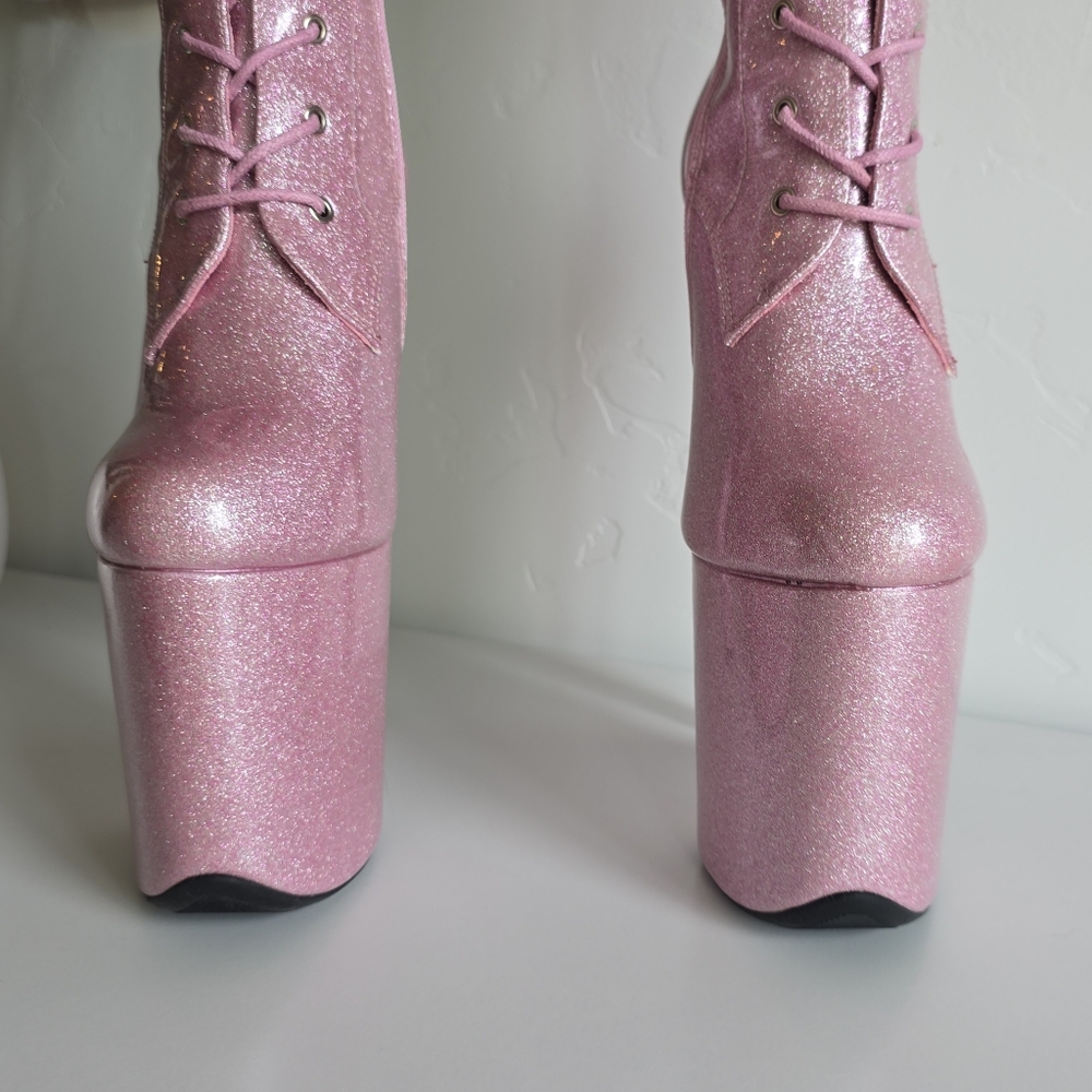 Hella Heels NWOB 8" Glitterati Sugarbaby Pink Thigh High Boots Front Lace Pole - Picture 4 of 13